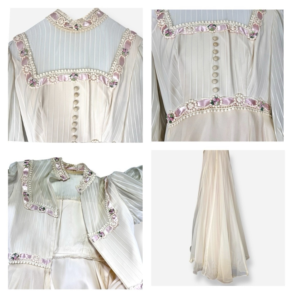 Vintage Victorian High Neck Dress Wedding 4 Off White Cream Pink Bishop Sleeve - Picture 7 of 12